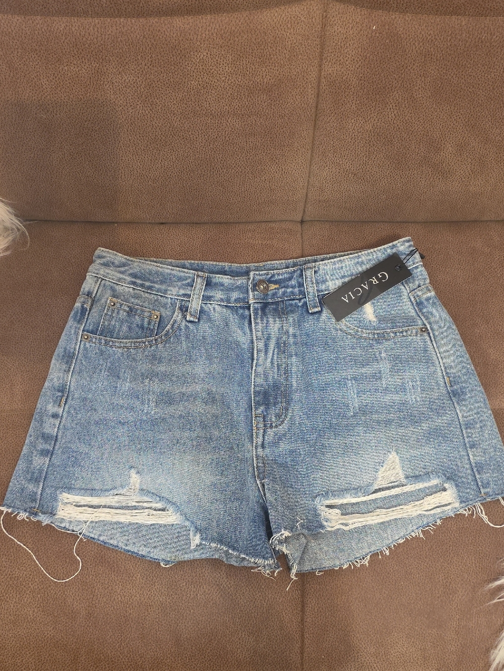 Gracia Light Blue Distressed High-Rise Denim Shorts